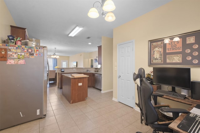 office with light tile patterned floors and an inviting chandelier