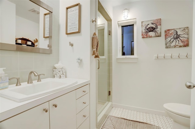 22823 Chiquita St, Galveston, TX 77554 - full bath with tile patterned flooring, toilet, decorative backsplash, a shower stall, and visible vents