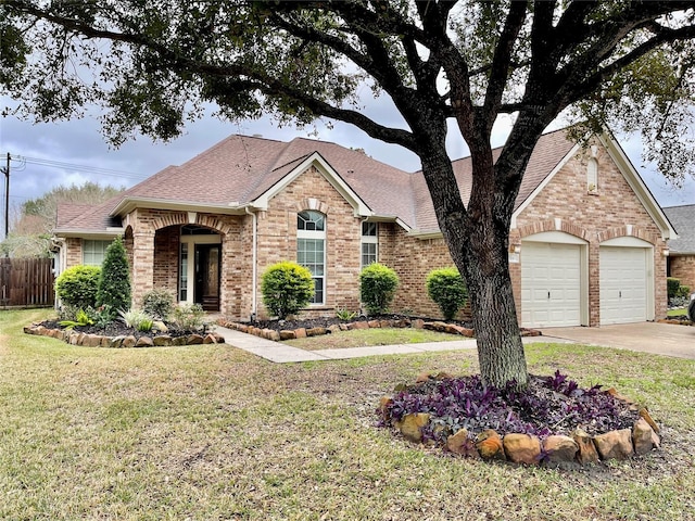 single story home featuring a front yard and a garage