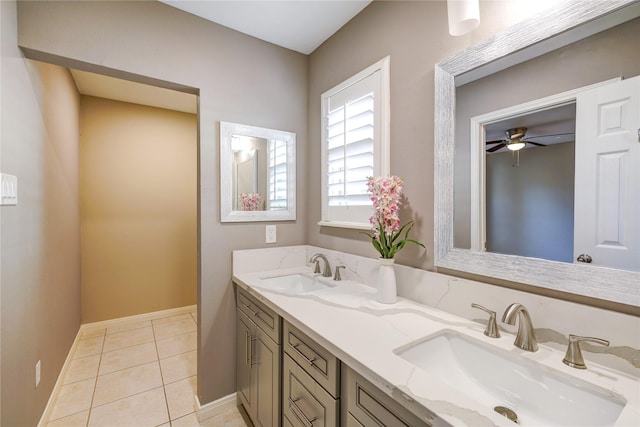 bathroom featuring vanity, tile patterned floors, and ceiling fan