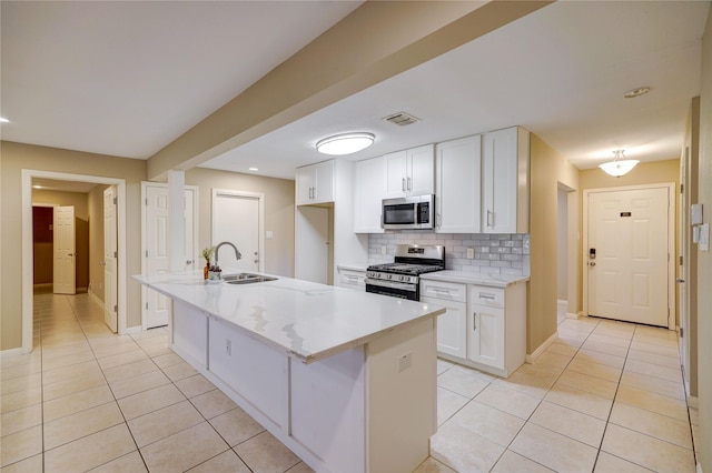 kitchen featuring stainless steel appliances, sink, white cabinetry, backsplash, and a kitchen island with sink