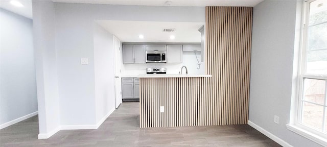 kitchen with appliances with stainless steel finishes, sink, light wood-type flooring, and gray cabinetry