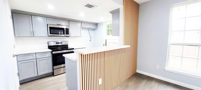 kitchen with stainless steel appliances, gray cabinetry, light hardwood / wood-style floors, and kitchen peninsula