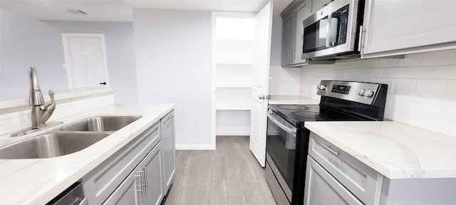 kitchen with tasteful backsplash, appliances with stainless steel finishes, sink, and light hardwood / wood-style flooring