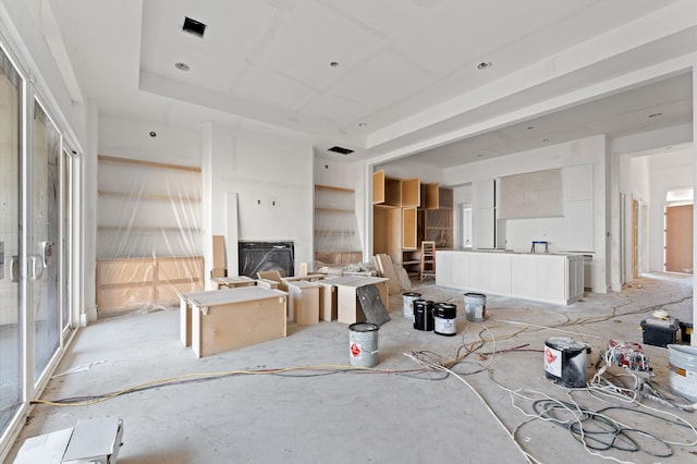 living room featuring a raised ceiling