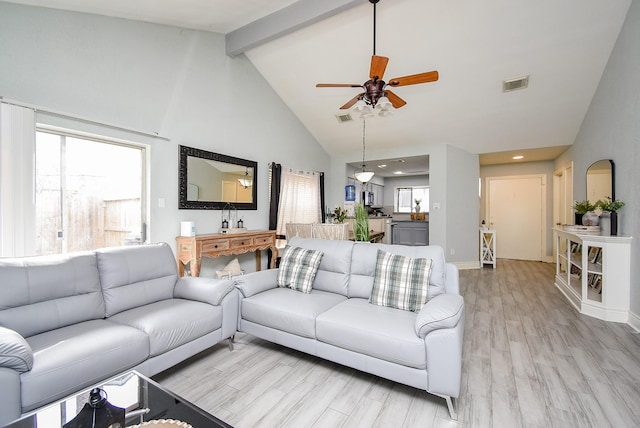 living room with high vaulted ceiling, beam ceiling, visible vents, and light wood-style floors