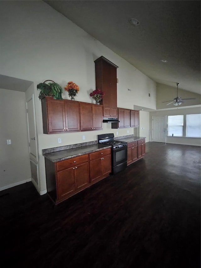 kitchen with lofted ceiling, ceiling fan, and black gas range oven