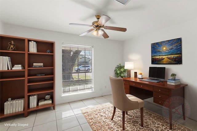 tiled office with ceiling fan