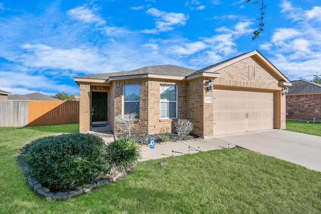 single story home featuring a front lawn and a garage