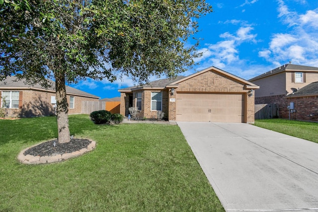 ranch-style home with a front lawn and a garage