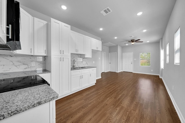 kitchen with dark hardwood / wood-style floors, light stone countertops, white cabinetry, and tasteful backsplash