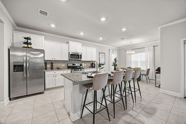 kitchen featuring white cabinets, sink, stainless steel appliances, and an island with sink