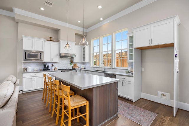 kitchen with white cabinetry, a center island, stainless steel appliances, and sink