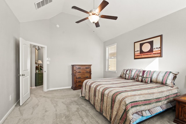 carpeted bedroom featuring vaulted ceiling and ceiling fan