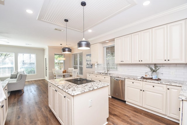 kitchen featuring a center island, sink, hanging light fixtures, stainless steel dishwasher, and black electric cooktop