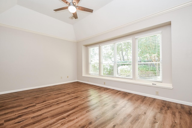 unfurnished room featuring a tray ceiling, ceiling fan, a healthy amount of sunlight, and wood-type flooring