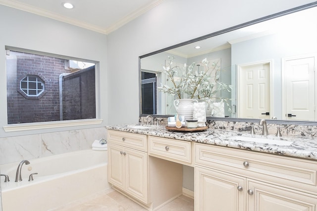 bathroom featuring tile patterned floors, crown molding, vanity, and independent shower and bath