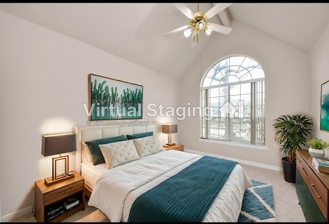 carpeted bedroom with vaulted ceiling with beams, ceiling fan, and baseboards