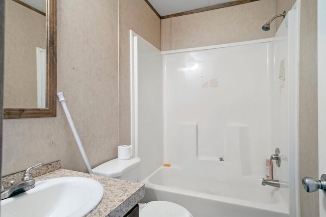 full bathroom with toilet, vanity, and bathing tub / shower combination