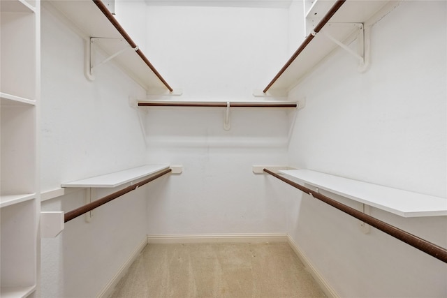 walk in closet featuring light colored carpet