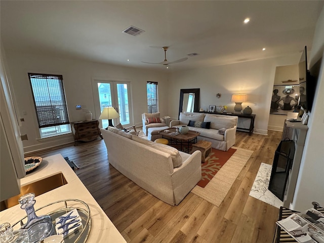 living room with ceiling fan and wood-type flooring