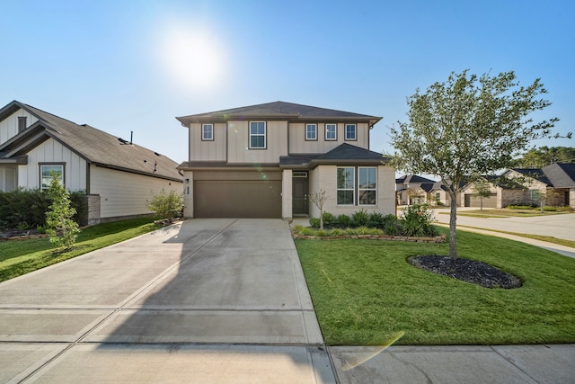 view of front of house with driveway, a garage, board and batten siding, and a front yard