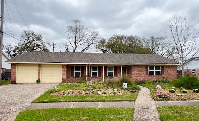 single story home featuring a garage, roof with shingles, aphalt driveway, and brick siding