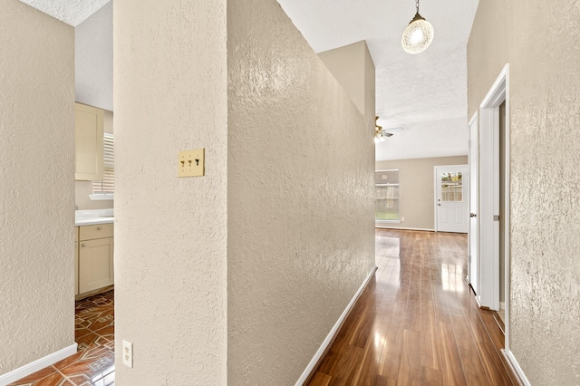 hall with a textured ceiling and hardwood / wood-style flooring