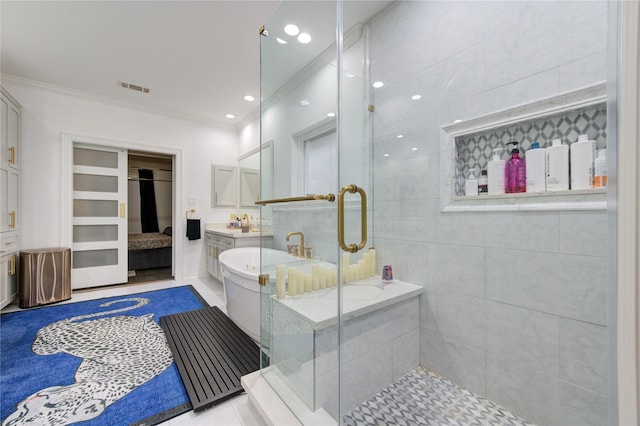 bathroom with vanity, crown molding, and shower with separate bathtub