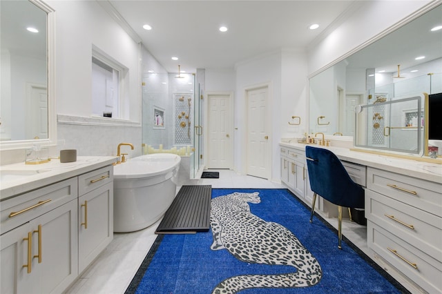 bathroom with tile patterned floors, vanity, independent shower and bath, and ornamental molding