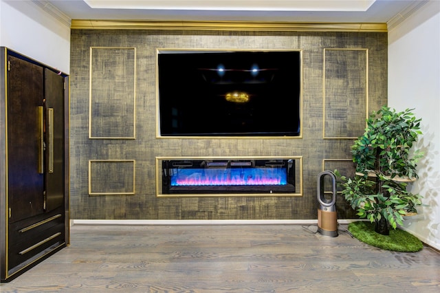 room details featuring a raised ceiling, ornamental molding, and hardwood / wood-style flooring