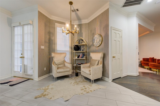 sitting room with a chandelier, light tile patterned floors, plenty of natural light, and crown molding