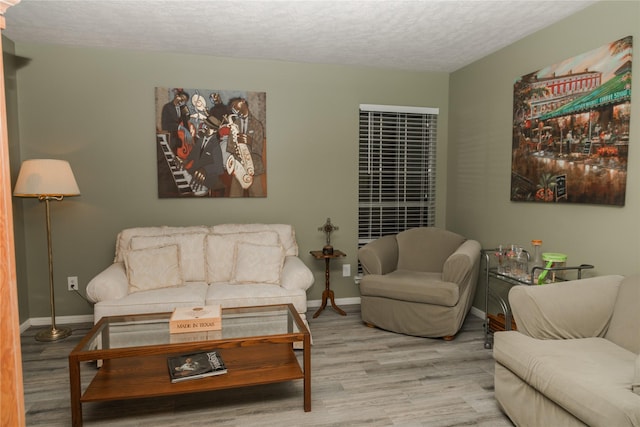 living room featuring a textured ceiling and light hardwood / wood-style flooring