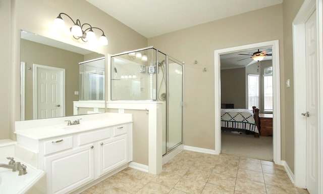 bathroom with ceiling fan, walk in shower, tile patterned flooring, lofted ceiling, and vanity