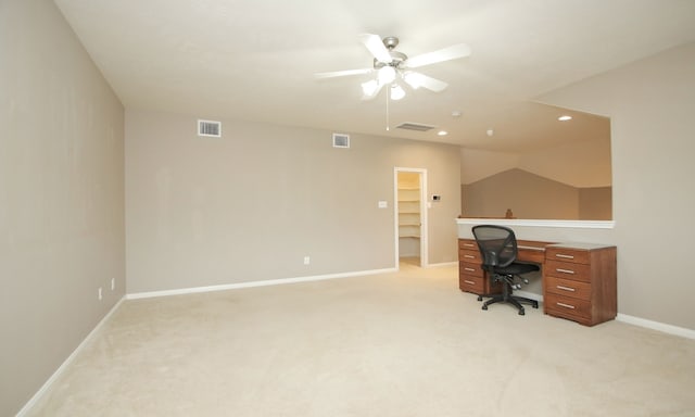 office area featuring light colored carpet and ceiling fan