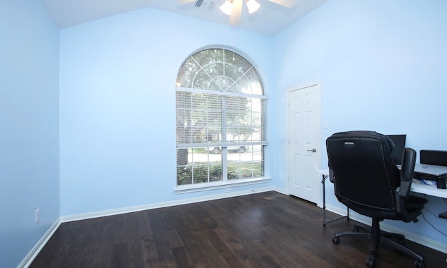 unfurnished office featuring dark hardwood / wood-style flooring, vaulted ceiling, and ceiling fan