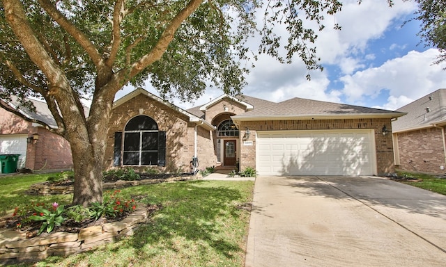 single story home featuring a garage and a front yard