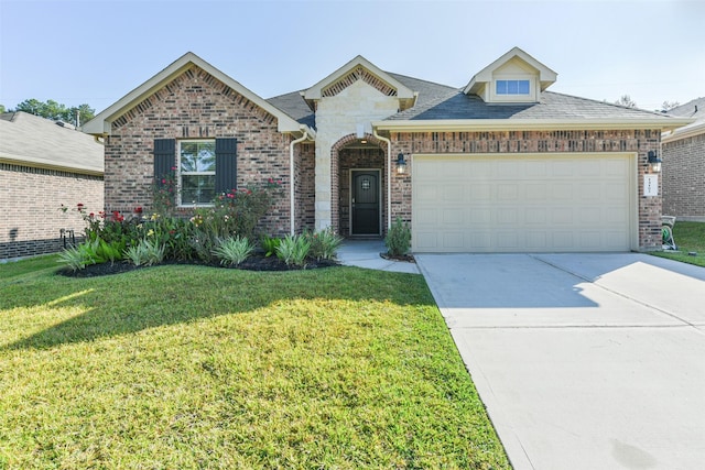 view of front of home with a front yard and a garage