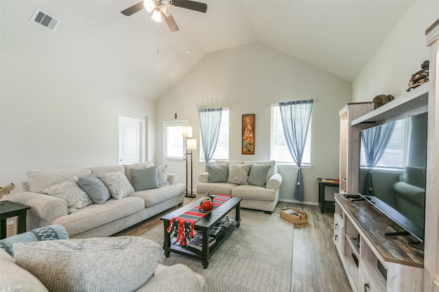 living room featuring ceiling fan, wood-type flooring, and high vaulted ceiling