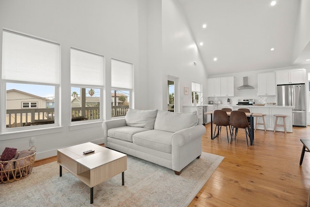 living room featuring light wood-type flooring and high vaulted ceiling