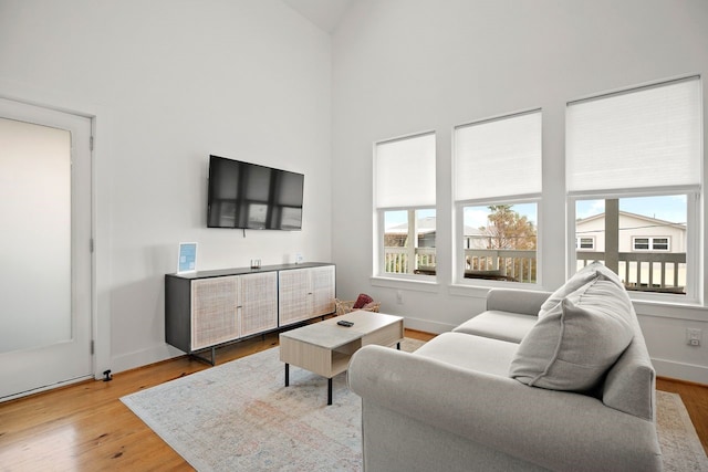 living room featuring light wood-type flooring and high vaulted ceiling