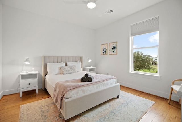 bedroom featuring ceiling fan and light hardwood / wood-style floors