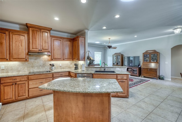 kitchen featuring sink, light tile patterned floors, black electric cooktop, light stone counters, and kitchen peninsula