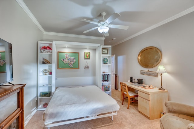 bedroom with light carpet, ceiling fan, and ornamental molding