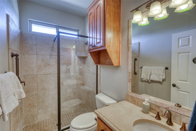 bathroom featuring vanity, toilet, and walk in shower