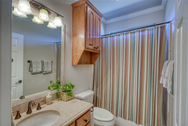 bathroom featuring vanity, curtained shower, toilet, and ornamental molding