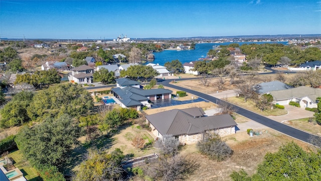 drone / aerial view featuring a water view