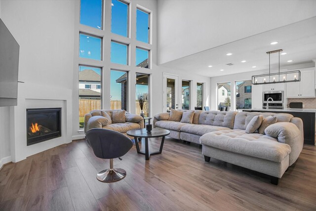 living room with hardwood / wood-style floors, a towering ceiling, and sink