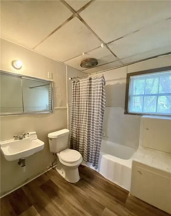 full bathroom with shower / bath combo with shower curtain, sink, hardwood / wood-style floors, and toilet