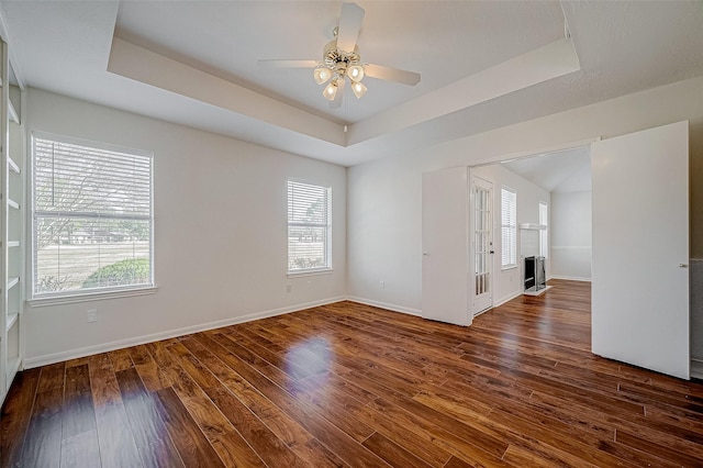 empty room featuring wood finished floors, a raised ceiling, and a wealth of natural light